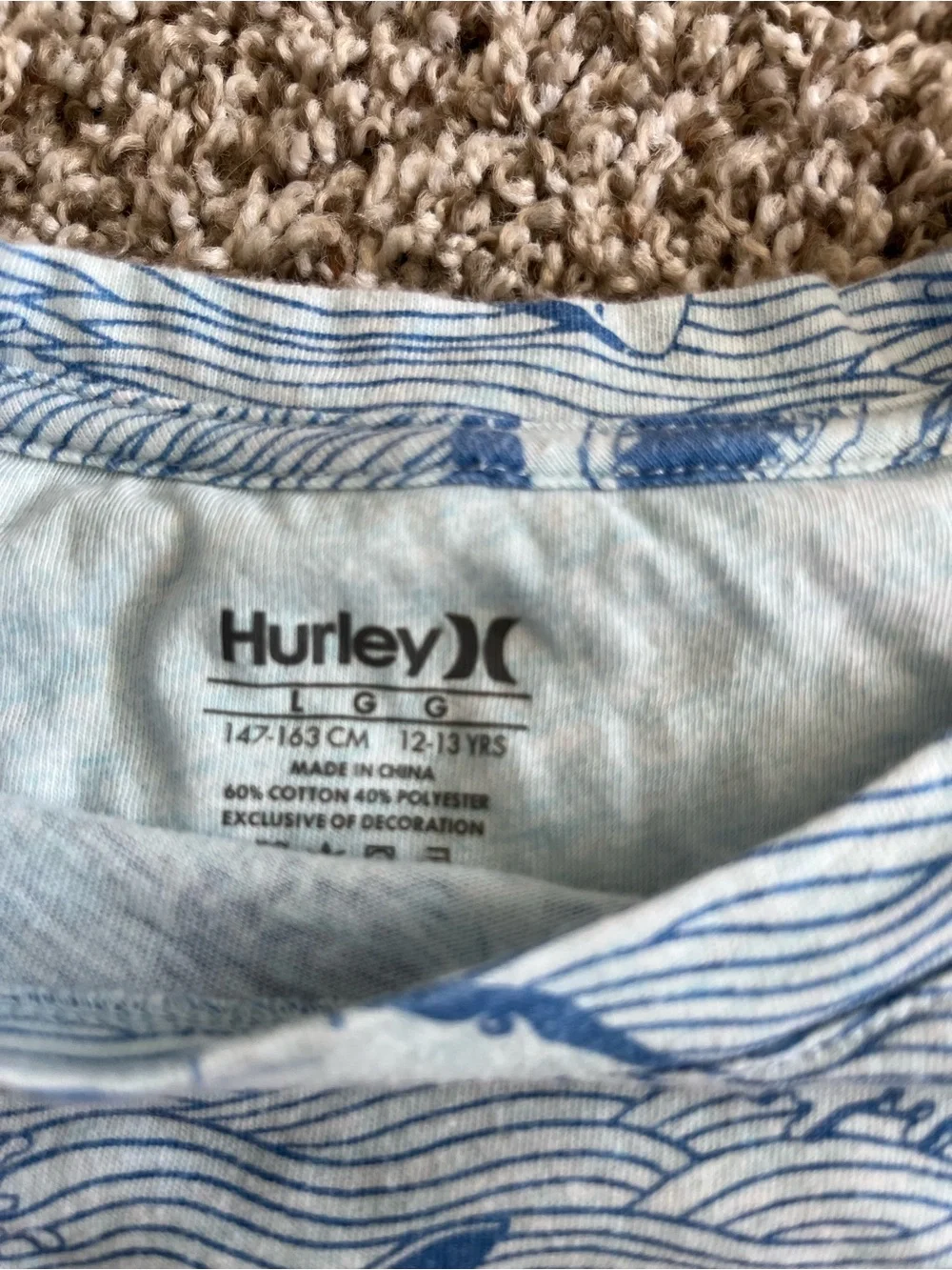 Hurley Light Blue Shark Pattern Short Sleeve Tee Boys L
